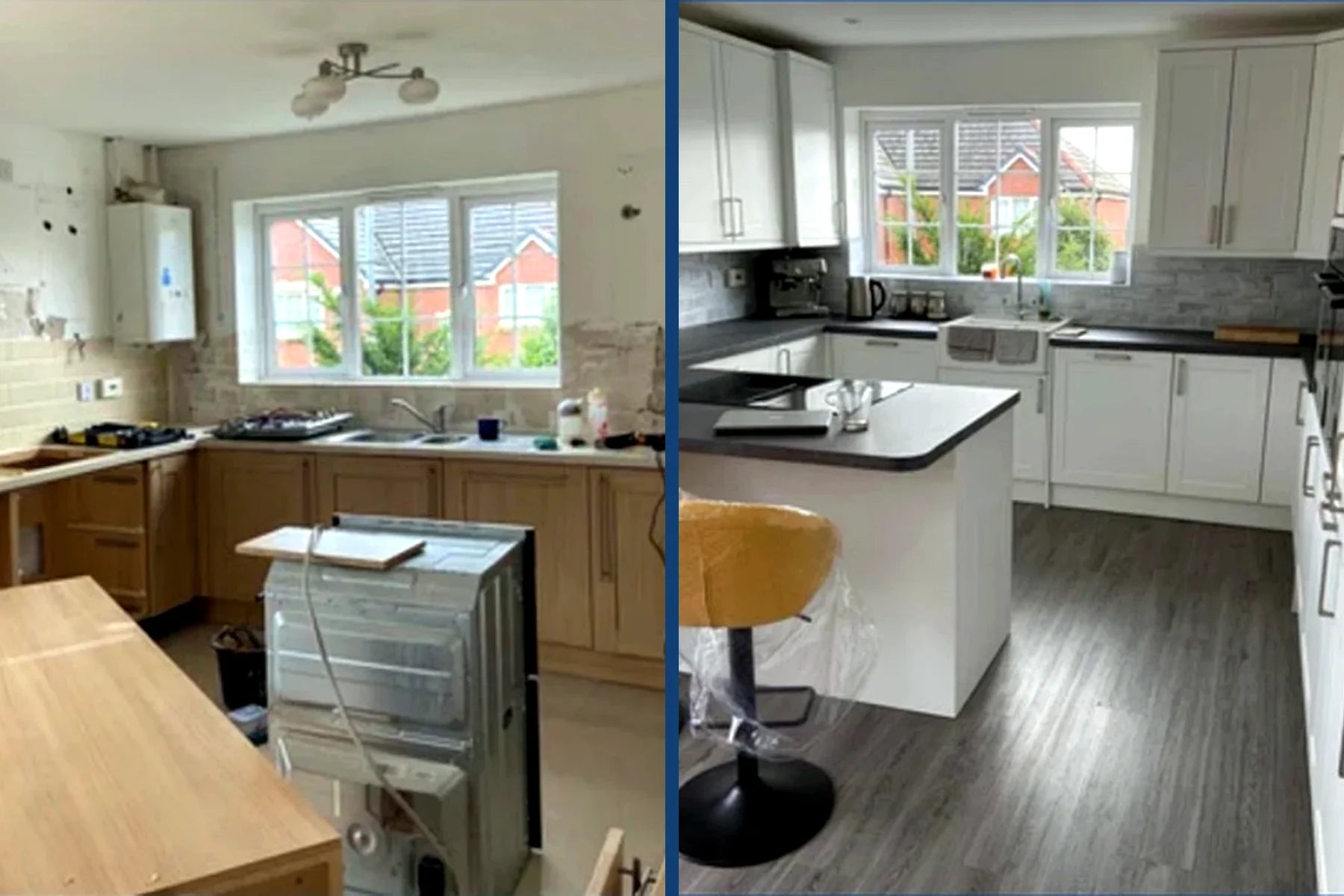 Kitchen transformation from stripped room to finished installation