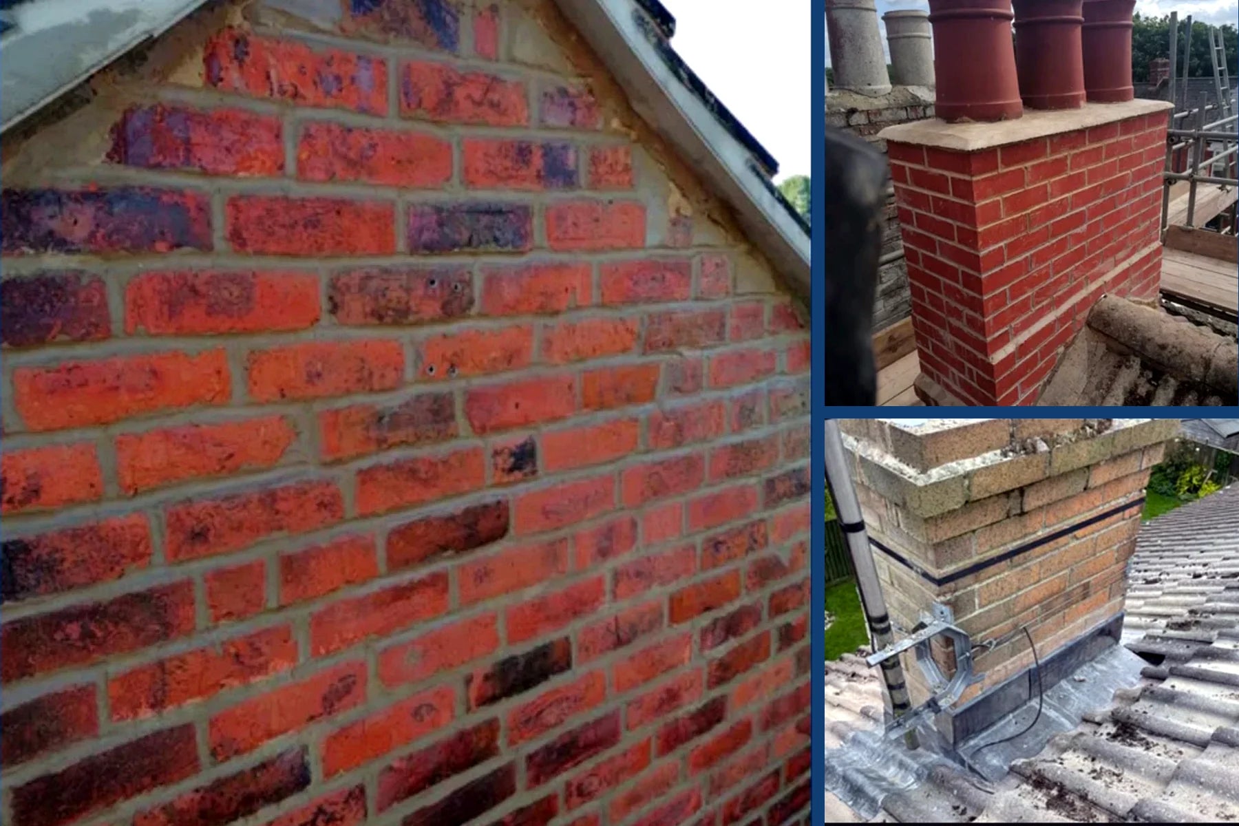 Repointed brick gable and rebuilt chimney